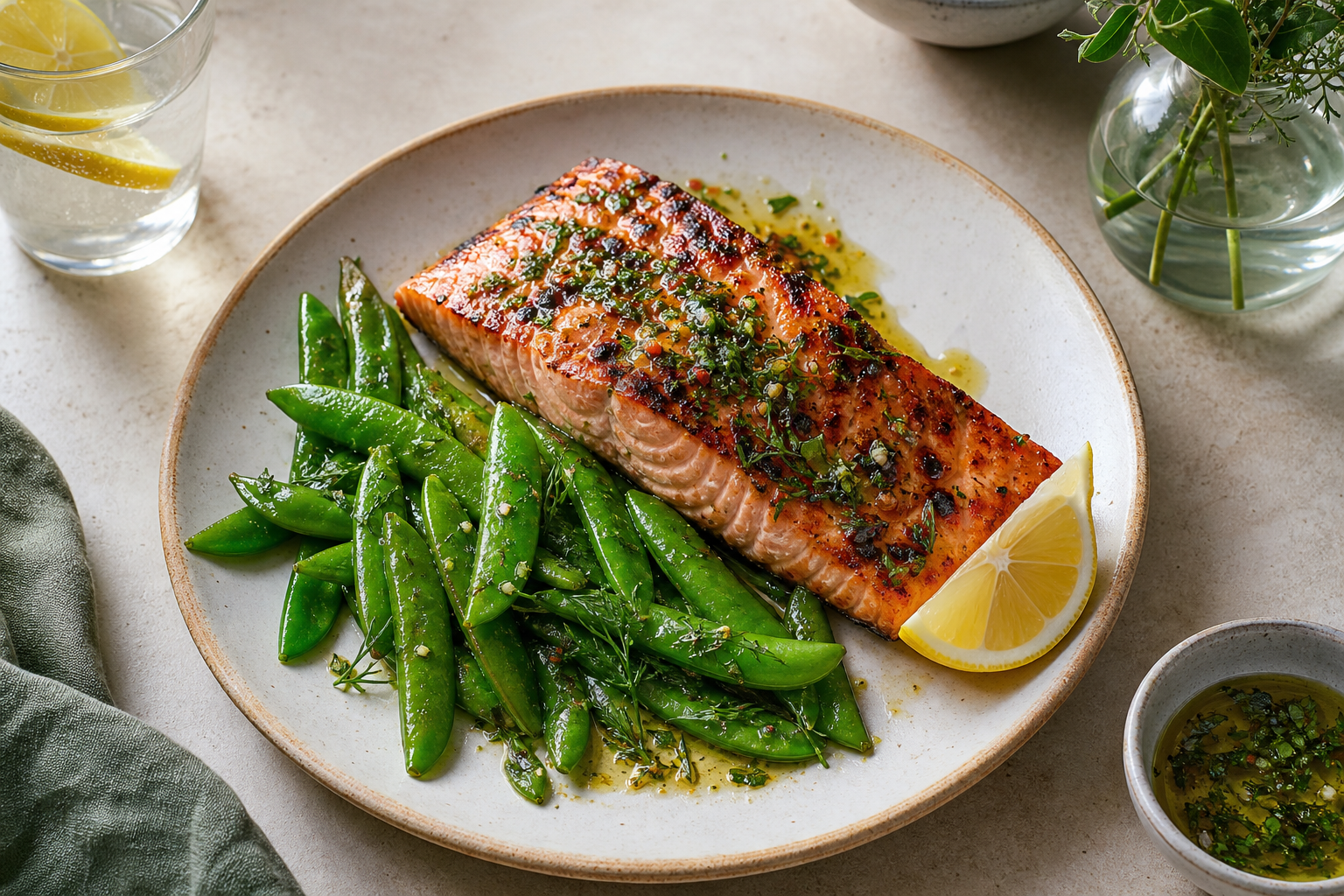 Grilled Salmon with Snap Peas and Herb Oil — 25 Minutes, Zero Inflammation