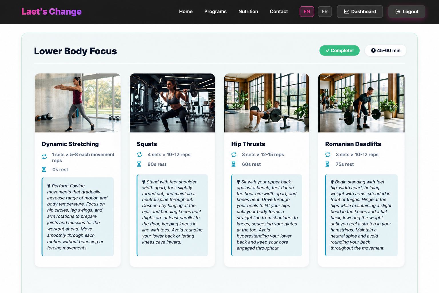 Weekly workouts dashboard view